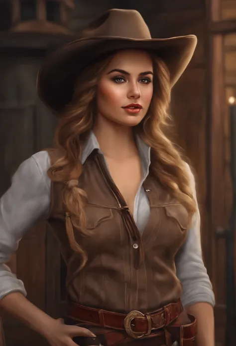 She is a young woman with sunkissed skin and dark eyes. She has long golden hair and red lips. Around her left eye is black eyeshadow. She wears a brown cowboy hat and a grey lumberjack blouse with brown braces. Around her neck she wears a black scarf. Her...