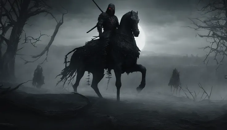 Undead terror knights in the distance，Riding black（Red-eyed zombie horse：1.5），The background is pitch black wilderness，Nearby, there were several dried corpses hanging from a dead tree，(themoon),horror atmosphere，4K，best qualtiy，primitive，（(Ultra-detailed ...