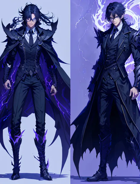 a man , Anime - white man style anime illustration, black hair, long hair, ((blue eyes)) Attire, shadow clothing, anime art style, ((Purple Darkness Power of Thunder)), Reference Sheet, full body, male, high detail, 8k, thin, slender, black and black wolve...