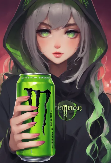 anime girl holding monster energy drink