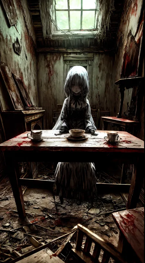 sitting on the table, hollow eyes, blood, cobwebs, messy, doll, haunted, abandoned mansion, horror, scary, ghost, eerie, no humans, no light