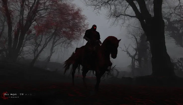 Undead terror knights in the distance，Riding black（Red-eyed zombie horse：1.5），The background is pitch black wilderness，Nearby, there were several dried corpses hanging from a dead tree，(themoon),horror atmosphere，4K，best qualtiy，primitive，（(Ultra-detailed ...