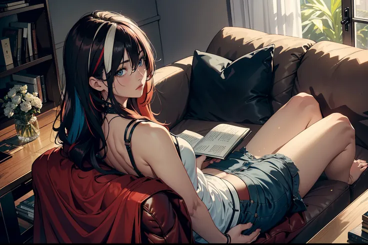 from back, (no looking at the viewer:1.5), lying face down on the sofa reading a book, hair colored with colored highlights, large and baggy clothes leaving skin exposed in a sexy way, comfortable living room in the late afternoon,