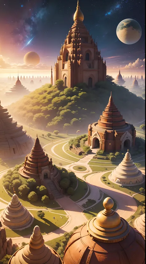 illustration of an expert art, "in the |Genesis| timeline of Myanmar "Bagan city", in the style of AVATAR |Landscape| background |Design|,in the style of the video game|TOMB RAIDER| style landscape, luxurious (Bagan) city illustration art, a wide variety o...