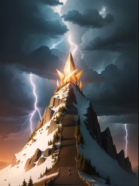 Gold trophy on the mountain, lane towards the trophy, many Lightning on the mountain