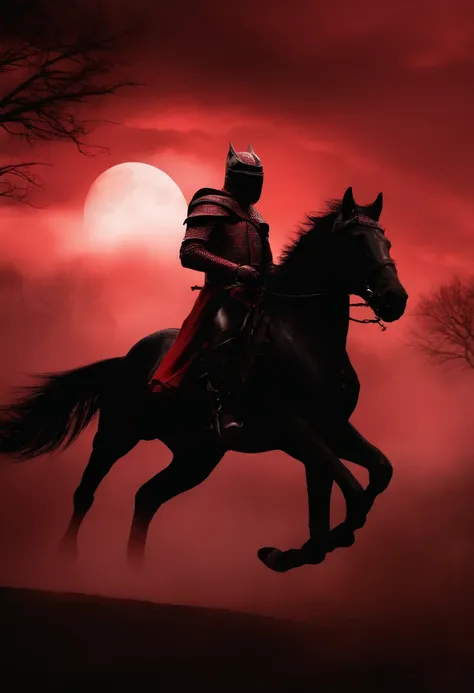 Undead terror knights in the distance，Riding black（Red-eyed horse：1.5），The background is pitch black wilderness，Nearby, there were several dried corpses hanging from a dead tree，(themoon),horror atmosphere，4K，best qualtiy，primitive，（(Ultra-detailed and hig...