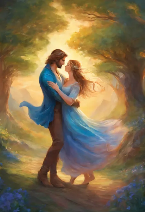 oil painting style, couple made up of 1 man and 1 woman dancing, hugging, countryside, blue sky, medieval, fantasy