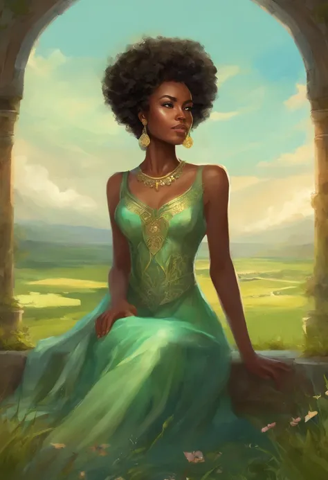 oil painting style, black woman, afro hair, light green dress, sitting on a throne, throne in the middle of the field, outdoors, countryside, blue sky, medieval, fantasy