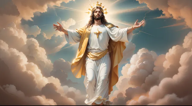 [a realistic painting of Jesus full body with open arms with a golden crown amid the clouds of heaven ] [dia ensolarado com luzes divinas ao fundo] [it is positioned further to the left of the image]