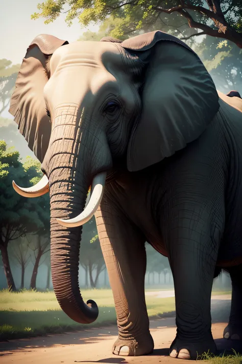 A majestic elephant, surrounded by lush green trees, with a gentle expression on its face.