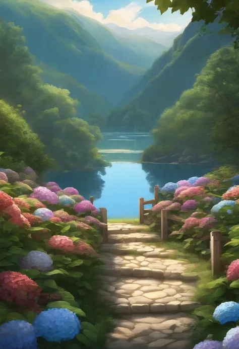 hydrangeas, park, Lake, Small hills, Pebble path,anime big breast, Masterpiece, Best quality, Anatomically correct, High details, 8K, the wallpaper