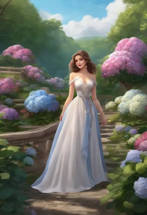 hydrangeas, park, Lake, Small hills, Pebble path,anime big breast, Masterpiece, Best quality, Anatomically correct, High details, 8K, the wallpaper