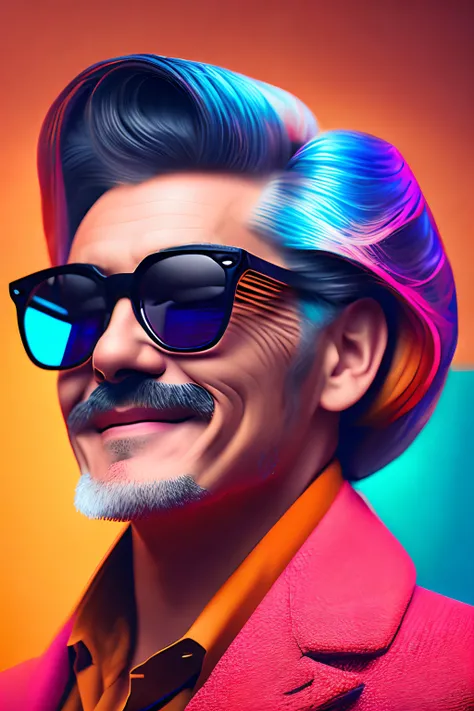 (fashionista portrait middle-aged man of the 1950s with intricate colorful modern bright colored glasses), hair with flowers, smiling expression, (extremely detailed digital photography: 1.2), standing in the middle of the city, (((full body))), raw image,...