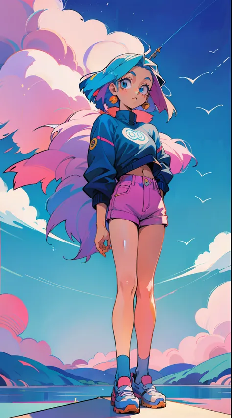 Anime girl standing with cross-legged. um desenho de uma mulher com cabelo azul segurando um martelo, 2 d estilo anime, Menina anime com cabelo martelo, personagem estilo anime, estilo anime, 8 0 s estilo de arte anime, no estilo de arte do anime 8 0 s, Es...