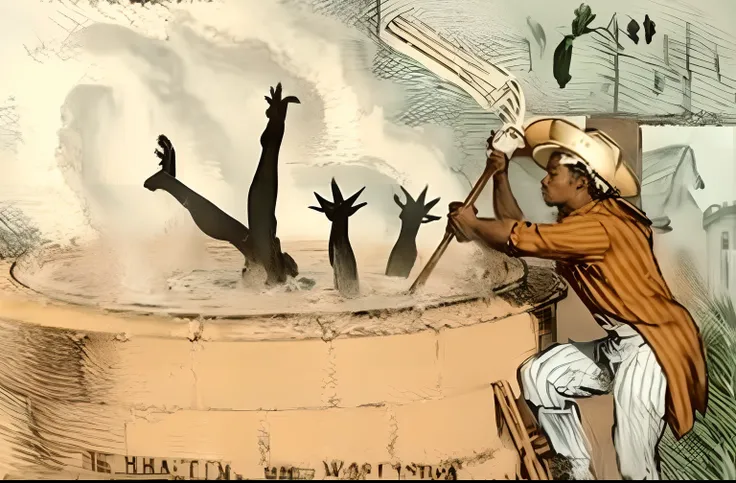 a white man in a hat is stirring a pot of hot water that has a black man inside who you can only see his legs and hands, the white man who is stirring the pot is standing on a ladder