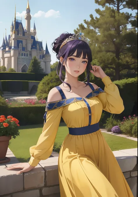 (BelleWaifu:1), surprised, beautiful pose, looking at the viewer, thick thighs, (long yellow dress:1.2), (hair bun, tiara) :D, curvy, (holding a red rose:1),

(realistic: 1.2), (realism), (masterpiece: 1.2), (best quality), (ultra detailed), (8k, 4k, intri...