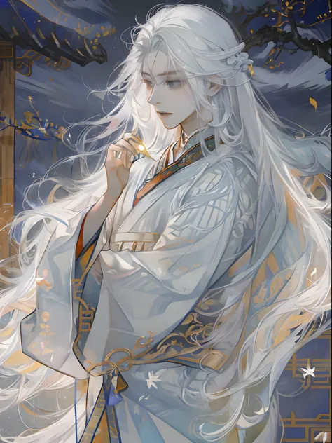 The male，Male，White Hanfu，long  white hair，Long flowing hair，Wide robe with large sleeves，Ancient wind，Solid color clothes，The clothes do not have any patterns，laughingly，softlighting，water ink，Behind it is the full moon，low-saturation，low-contrast，led flo...