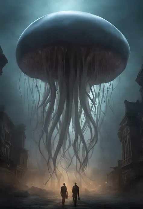 myth　Jellyfish-like creatures　Many tentacles grow from the head　the head is light gray　tentacles are black　Floating in the air　A devastated world　Collapsed buildings around　Standing there