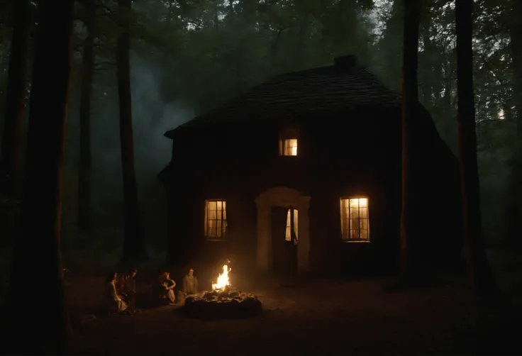 Andrei Tarkovsky Style - movie still from panos cosmatos, seventies folktale horror, death cult hippie, by stanley kubrick from the outside we look into a small house illminated by the moonlight in the oak forest that is bigger inside with large labyrinthi...