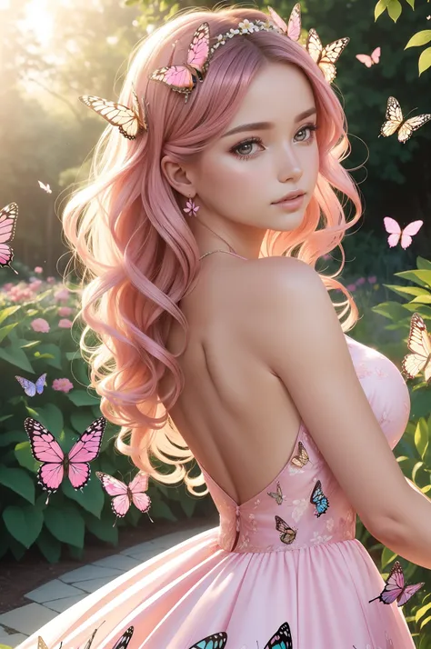 a beautiful butterfly goddess, butterfly wings, close up, surrounded by butterflies, in a floral garden, long wind blown hair, pink shiny beautiful dress, soft face, full lips, soft light, sunlight background, garden background, magical scenery, best quali...