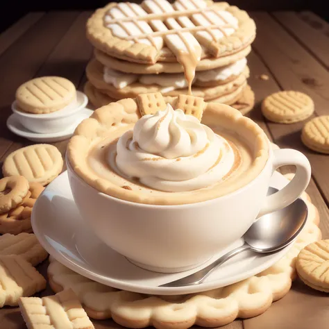 coffee latte ,hyper realistic picture,(text :Try our new Custard Cream Latte And get a free biscuit on the side)