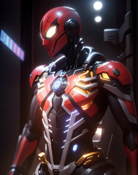 mecha aranha, um close up de uma pessoa em um armadura robotica futurista com uma luz vermelha acesa, Estilo futurista Homem-Aranha, Homem-Aranha como Exterminador do Futuro, 8k render", 8 k cg render, intricate 8 k render, 8 k arte conceitual de alto deta...