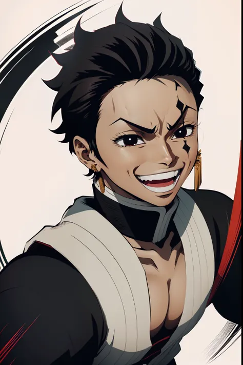 jovem negro, Uniform demon slayer, vento ao redor, Penteado Zoro, cabelos pretos, Nichirin vermelho, Lutando, Bleach poses, Olhos bonitos, happy, lindo, black eyes, awsome smile