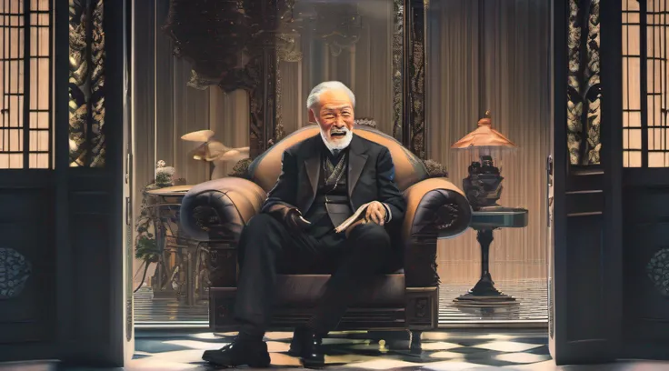 Old gentleman with a goatee，sit on chair，Eyes look at boots，Black high-gloss rain boots, 8K分辨率,Wallpaper masterpiece，Best quality，digitial painting，Highly meticulous，Ultra high quality