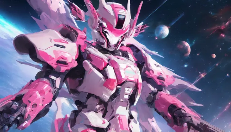 Pink and white hair and pink and white helmet of Arafs, Detailed digital anime art, Best anime 4k konachan wallpaper, anime mecha aesthetic, 4k highly detailed digital art, robot mecha female dragon head, wlop and krenz cushart, highly detailed anime, mech...