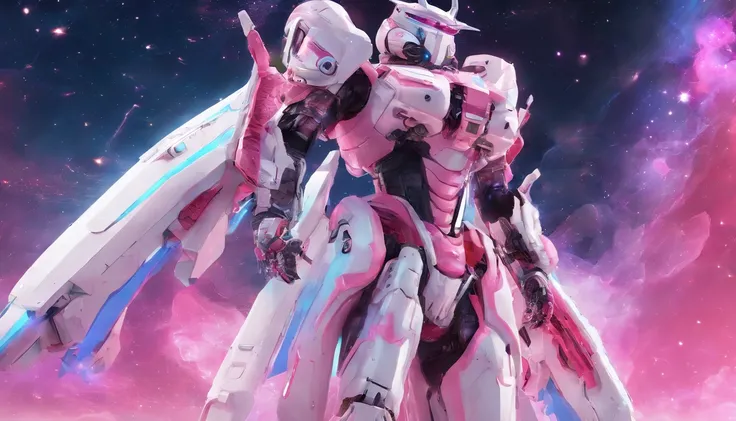 Pink and white hair and pink and white helmet of Arafs, Detailed digital anime art, Best anime 4k konachan wallpaper, anime mecha aesthetic, 4k highly detailed digital art, robot mecha female dragon head, wlop and krenz cushart, highly detailed anime, mech...