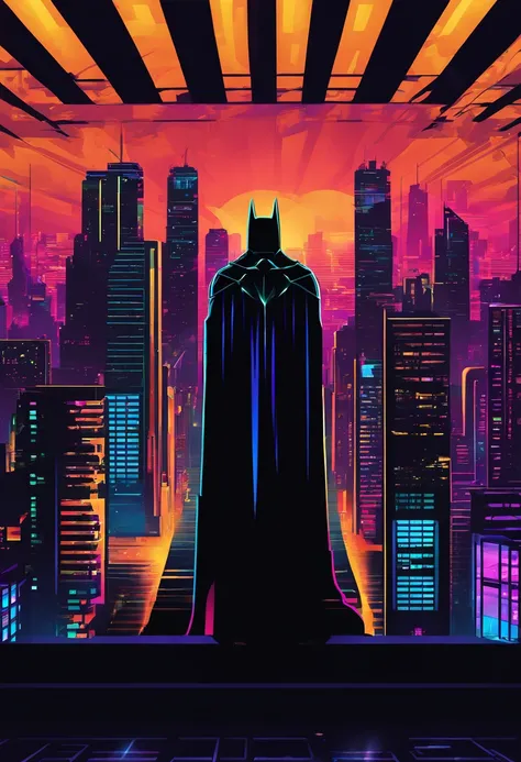 silhouette of a Batman standing on the top of tower, perfect view,and a black background behind it, neon lit, black and neon neon white,macro photography, abstract, vector based