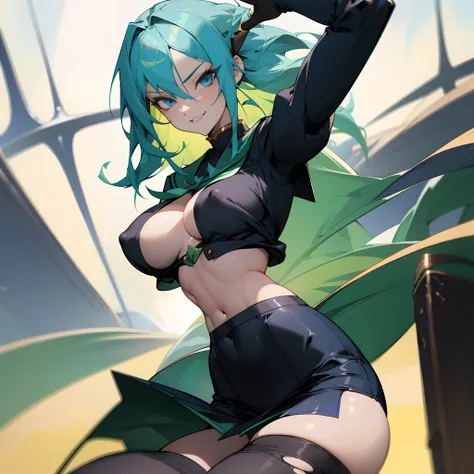 girl, tall, hidden arms, blue_and_green hair, detailed pretty eyes, navy blue eyes, evil smile, medium boobs, long areolas, mid waist, ripped abdomen, medium thighs, school uniform, long black stockings, detailed clothes, sexy pose, masterpiece, hyper real...