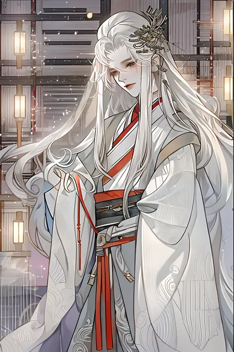 The male，Male，White Hanfu，long  white hair，Long flowing hair，Wide robe with large sleeves，Ancient wind，Solid color clothes，The clothes do not have any patterns，laughingly，softlighting，water ink，Behind it is the full moon，low-saturation，low-contrast，led flo...