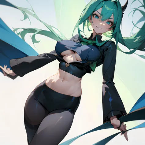 girl, tall, hidden arms, blue_and_green hair, detailed pretty eyes, navy blue eyes, evil smile, medium boobs, long areolas, mid waist, ripped abdomen, medium thighs, school uniform, long black stockings, detailed clothes, sexy pose, masterpiece, hyper real...