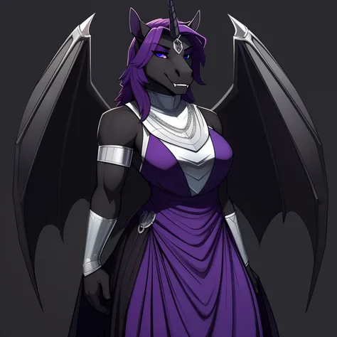 muscular_mature_unicorn_with_black_horn female dark_purple_mane black_furry_body vivid_teal_eyes slit_pupils beautiful_smile solo Masterpiece best_quality absurdres highly_detailed gown_with_silver_trim silver_circlet silver_gorget cleanly_drawn_eyes fangs...