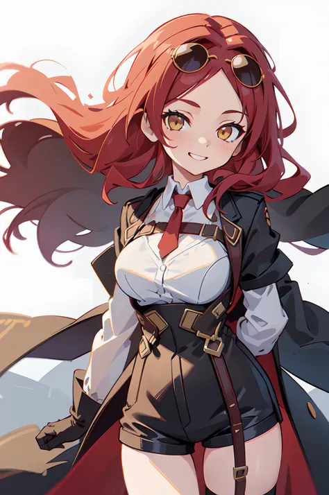 1girl, young woman, solo, long hair, big hair, (forehead:1.13), (round sunglasses:1.2), yellow eyes, scarlet red hair, medium breasts, grin, (overcoat, black coat, open coat:1.2), white shirt, collared shirt, (chest harness, shoulder strap:1.15), black lea...