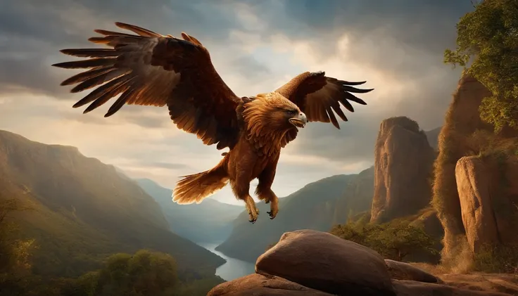 make images of the mythological creature Griffin, in a gorgeous setting and its wings spread, imagem centralizada e sem cortes