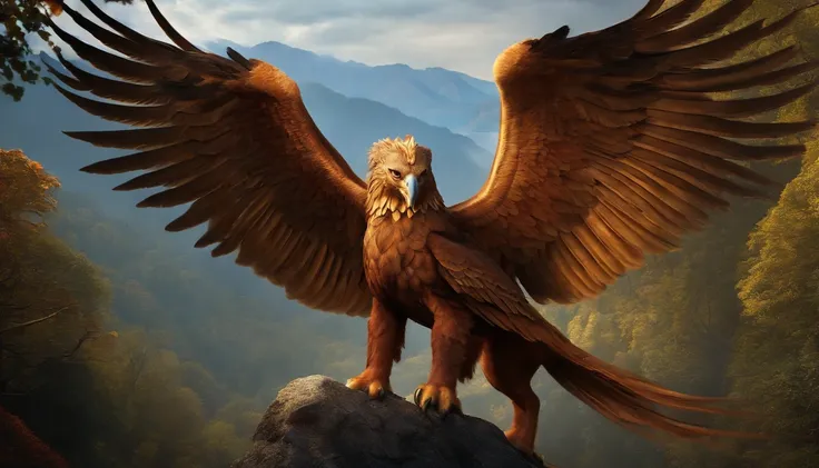 make images of the mythological creature Griffin, in a gorgeous setting and its wings spread, imagem centralizada e sem cortes