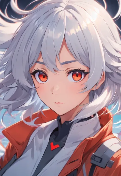 anime portrait of a girl, bloodshot eyes, white hair, grey hair, multicolored hair, symmetrical face, in Date A Live style,  concept art, digital painting, looking into camera, square image