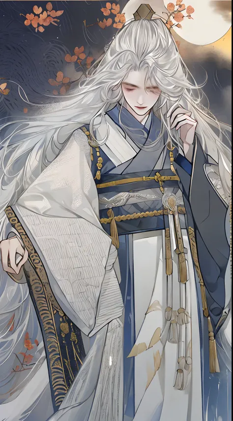 The male，Male，White Hanfu，long  white hair，Long flowing hair，Wide robe with large sleeves，Ancient wind，Solid color clothes，The clothes do not have any patterns，laughingly，softlighting，water ink，Behind it is the full moon，low-saturation，low-contrast，led flo...