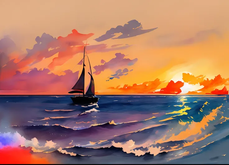 painting of a sailboat in the ocean at sunset with a colorful sky, beautiful art uhd 4 k, painted in bright water colors, sunset illustration, sail boat on the background, by Bencho Obreshkov, detailed painting 4 k, watercolor digital painting, colorful su...