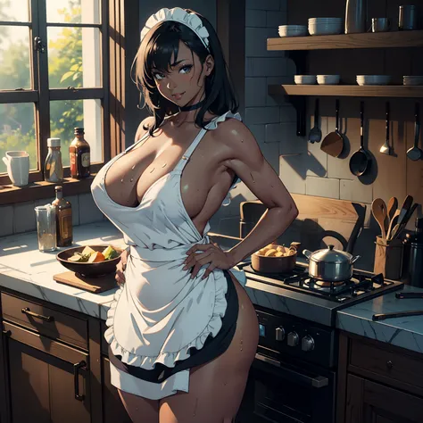 solo,1 mature maid,naked cameltoe，from behind,sweating body，bare hips，ass close up，(((take off apron))),(no pantes), naked white apron ,((Dark skin)),trending on artstationh, Intricate details, Highly detailed,, intricate face details,Curvy physique, Thick...