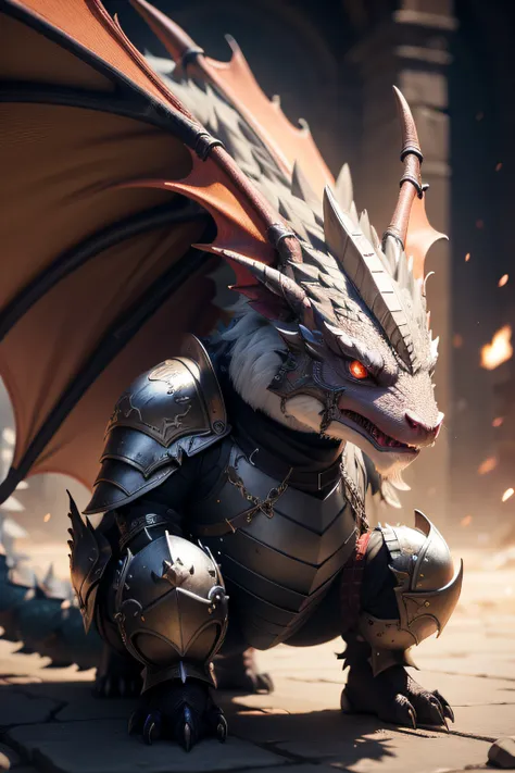 super cute fluffy dragon in armor, photorealistic, 8K, ultra detailed, vray rendering, unreal engine, midjourneyart style,