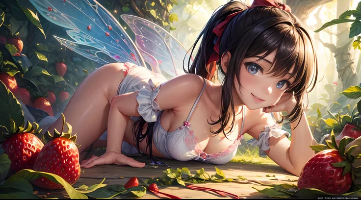 ( Absurd, High quality, ultra-detailed, masterpiece, concept art, smooth, highly detailed artwork, hyper-realistic painting ) , tiny little girl, Strawberries, cute, whole body, Romantic, Vivid, dreamy, fantasy, fairy wings, in the forest, enchanting glow,...