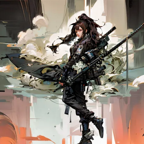 anime - illustration in the style of a woman with a gun in a city, krenz cushart and wenjun lin, guweiz on artstation pixiv, guw...