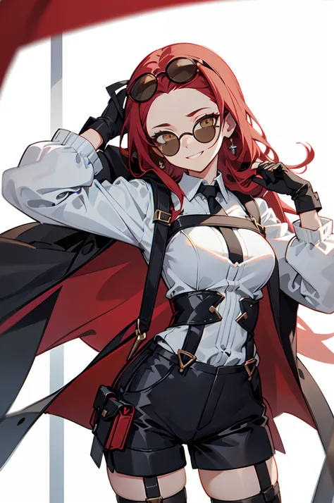 1girl, young woman, solo, long hair, big hair, (forehead:1.13), (round sunglasses:1.2), yellow eyes, scarlet red hair, medium breasts, grin, (overcoat, black coat, open coat:1.2), white shirt, collared shirt, (chest harness, shoulder strap:1.15), black lea...