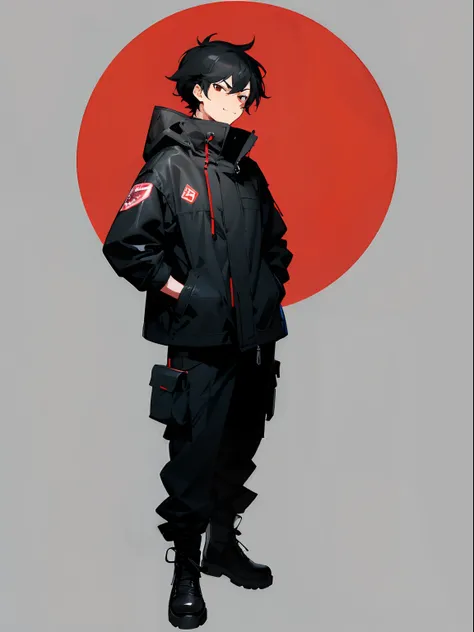 1 guy, short messy black hair, black eyes, red pupils, smug face, wearing a dark gray parka with red accent, cargo pants, no background, simple background, high res, ultrasharp, sharp dark outline, full body, no emblem, no logo