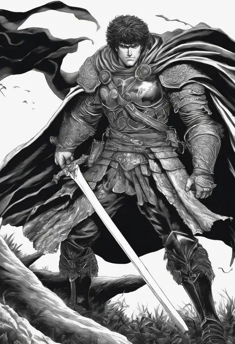 um desenho preto e branco de um homem em um quarto escuro com um buraco negro gigante, em Berserk Manga, de Furioso, Furious manga, Estilo de arte Berserk, Furioso, Estilo Berserk, Tripas de Berserk, Retrato de Guts de Berserk, Marcos Riddick, sangue de Fu...