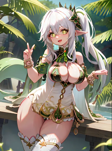 Nahida_Genshin,(White hair),cross-shaped pupils,default_dress,Green cape,Huge breasts，semi-bare，huge tit，Expose sexy，Expose breasts semi-naked，Sexy big ass，Fiddling with sexy ass，Expose sexy breasts，Big breasts that expose the ，Protruding anteriorly and po...