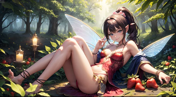 ( Absurd, High quality, ultra-detailed, masterpiece, concept art, smooth, highly detailed artwork, hyper-realistic painting ) , tiny little girl, Strawberries, cute, whole body, Romantic, Vivid, dreamy, fantasy, fairy wings, in the forest, enchanting glow,...